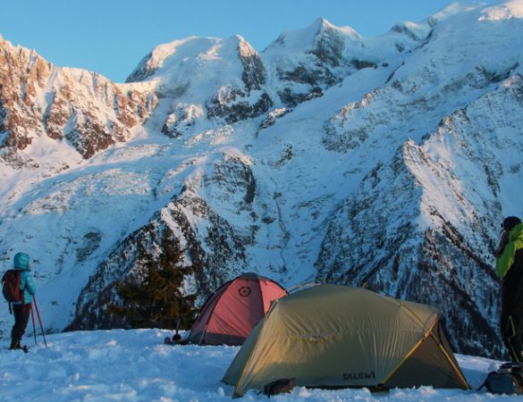A night in a tent in Chamonix: a winter bivouac under the stars in front of Mont Blanc.
